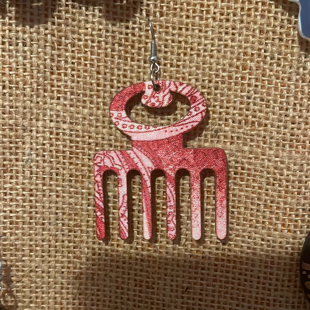 Afro pic fabric earrings (Wood) (red)