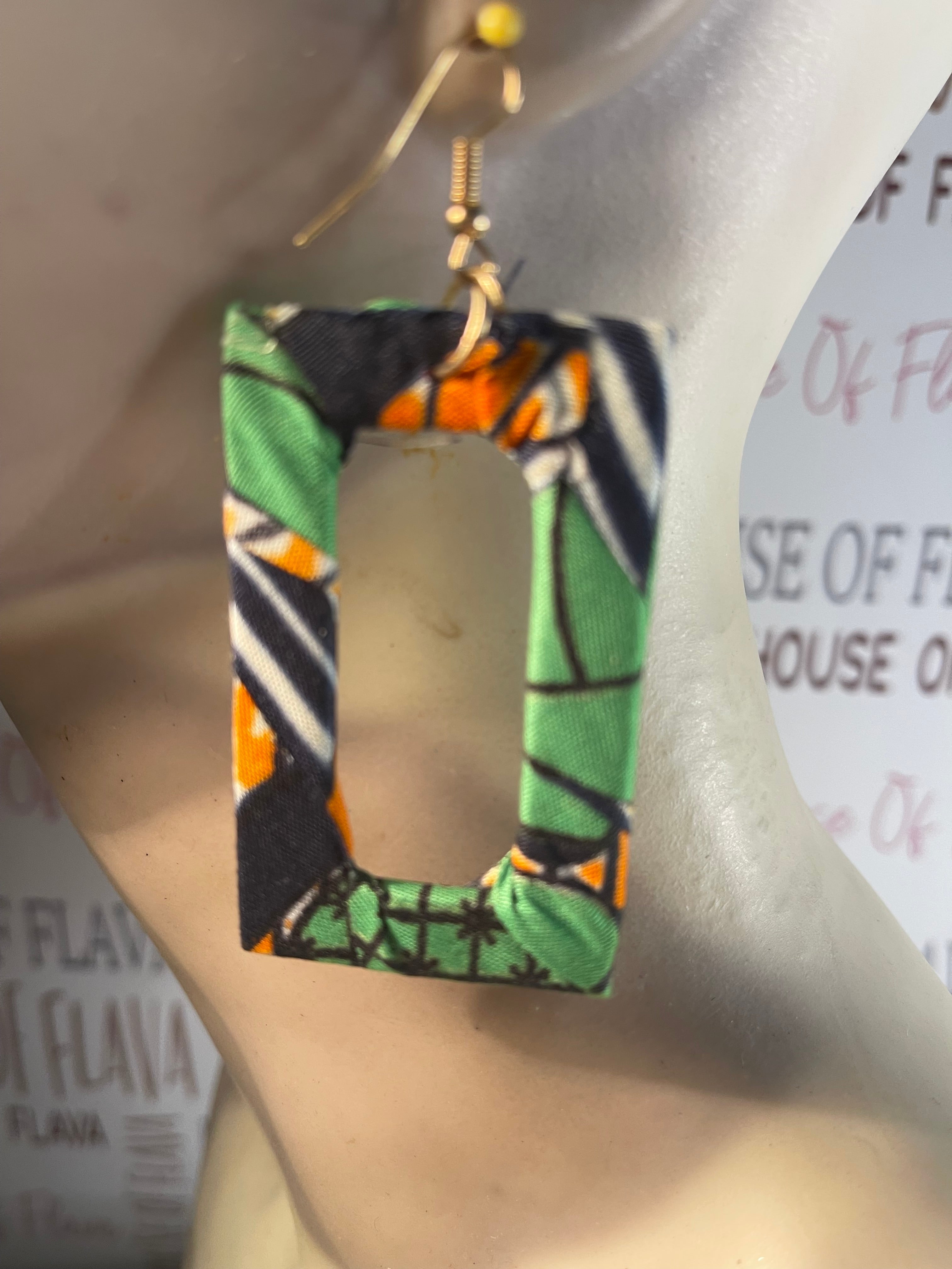 #702 Fabric wrapped Africa earrings (Wood)