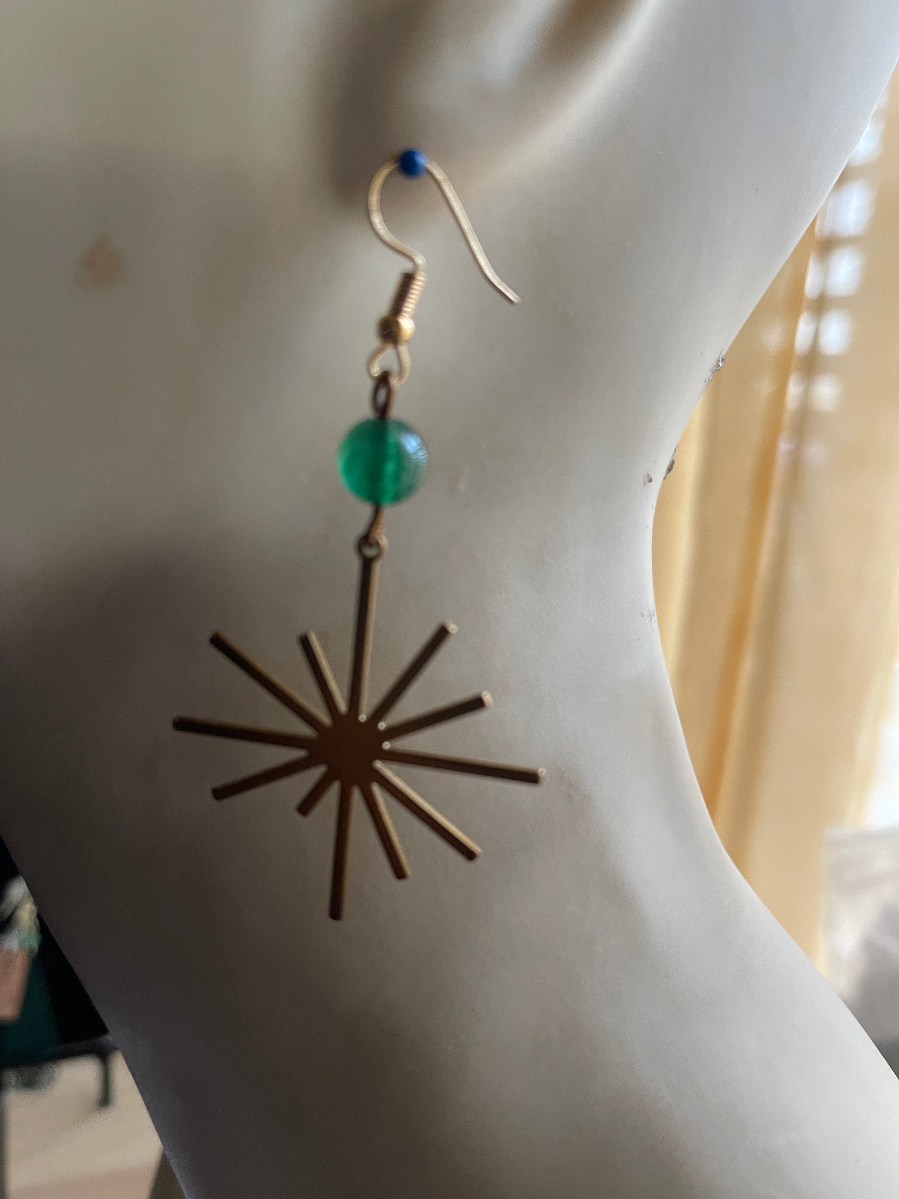 #403 Brass star earrings Jade gemstone