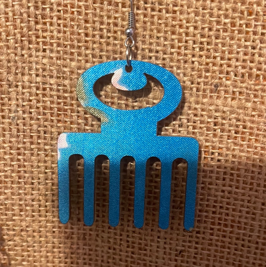 Afro pic fabric earrings - blue(Wood)