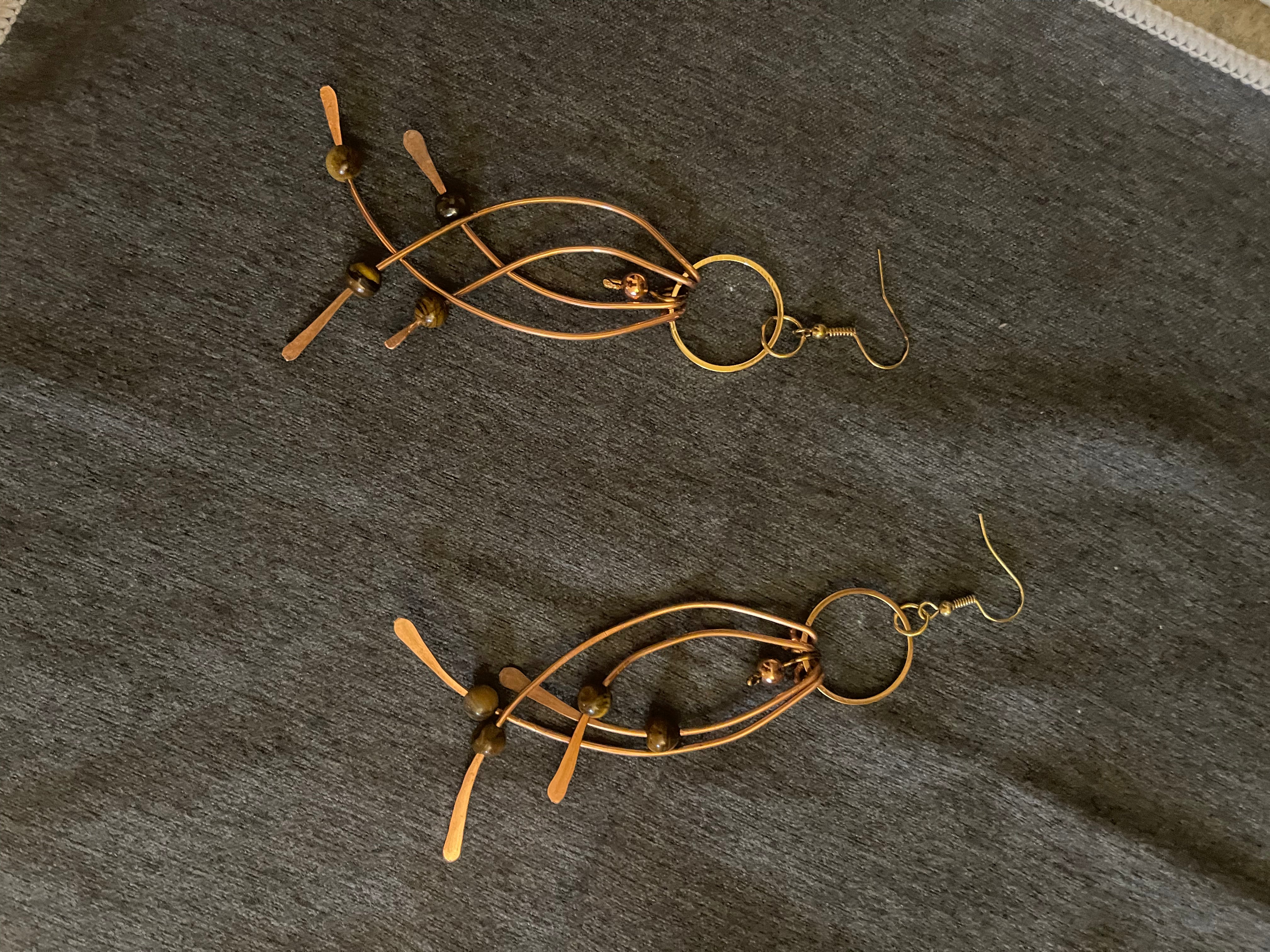Copper curved dangles w/Tigers Eye earrings