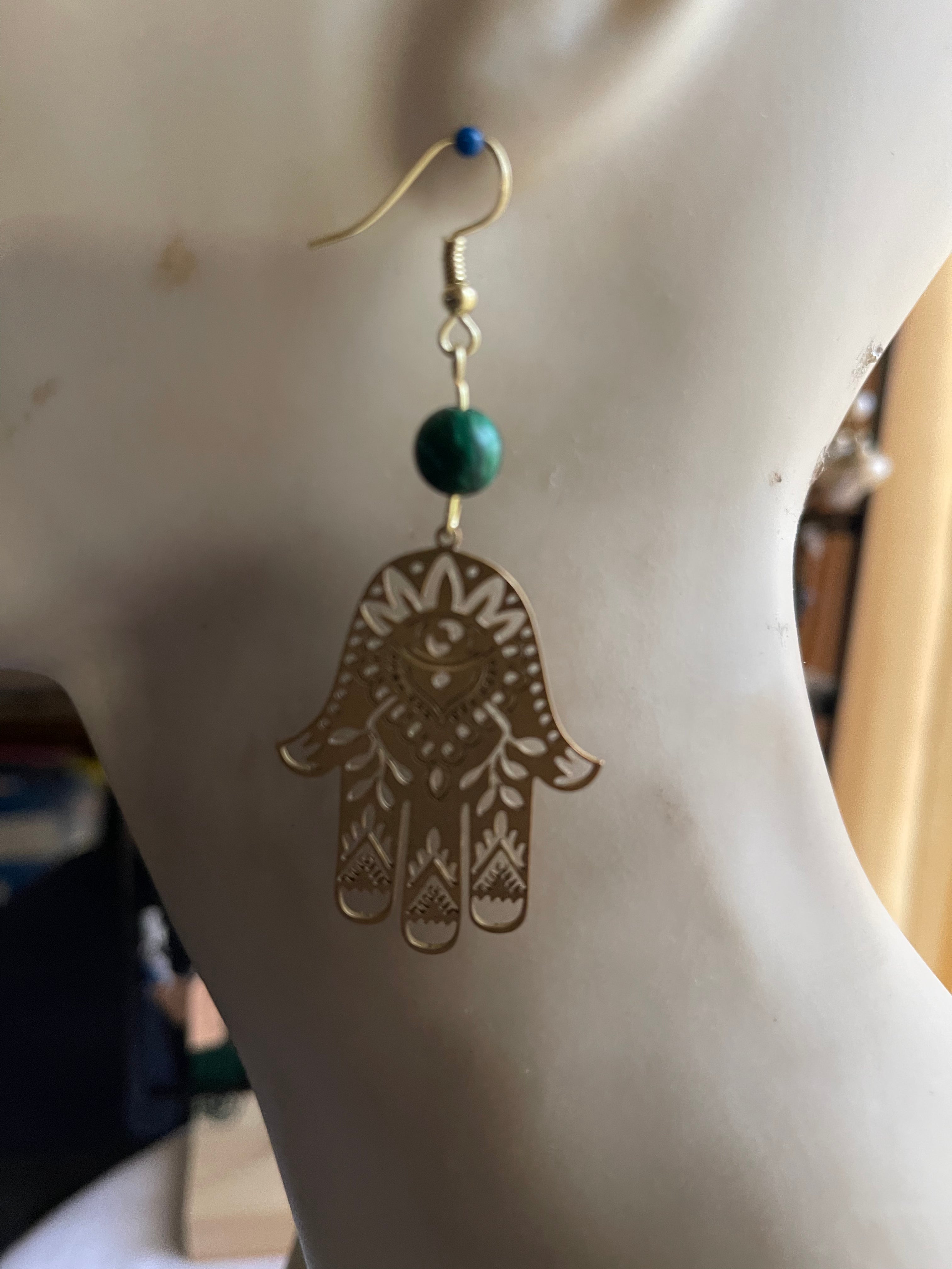 Brass Hamsa w/Malachite gemstones