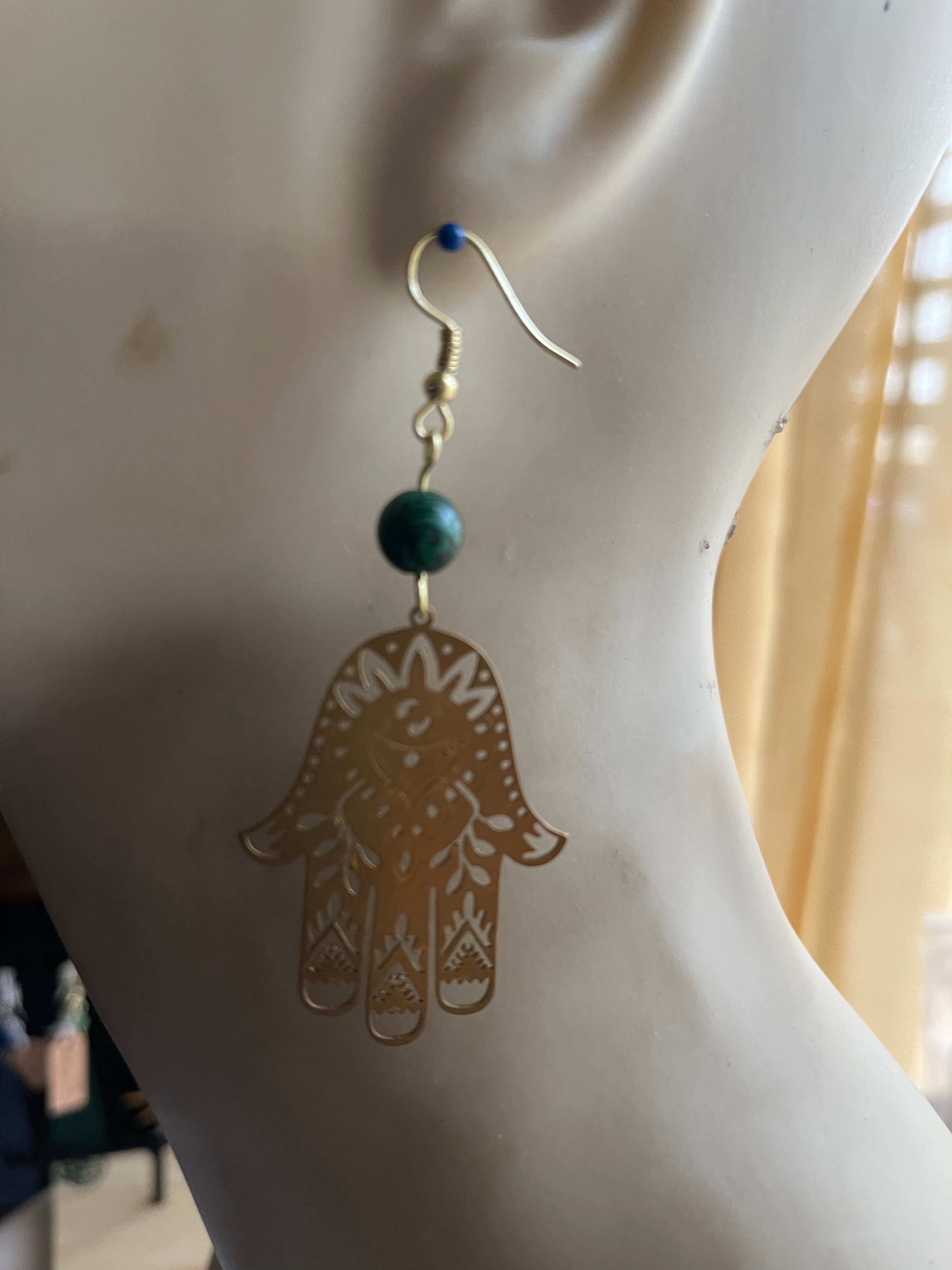 #404 Brass Hamsa w/Malachite gemstones