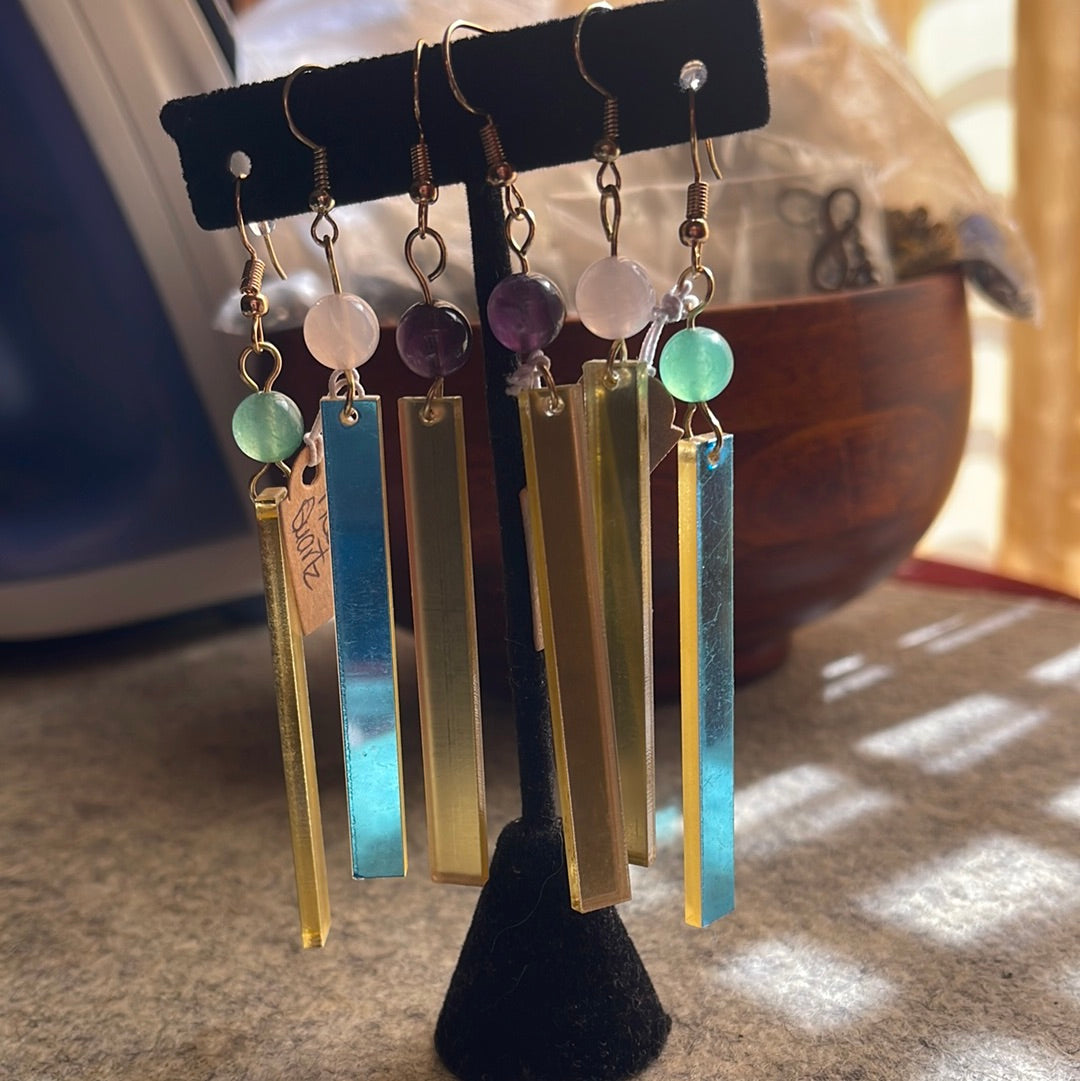 #208 Mirrored earrings w/ Pink Jade gemstone