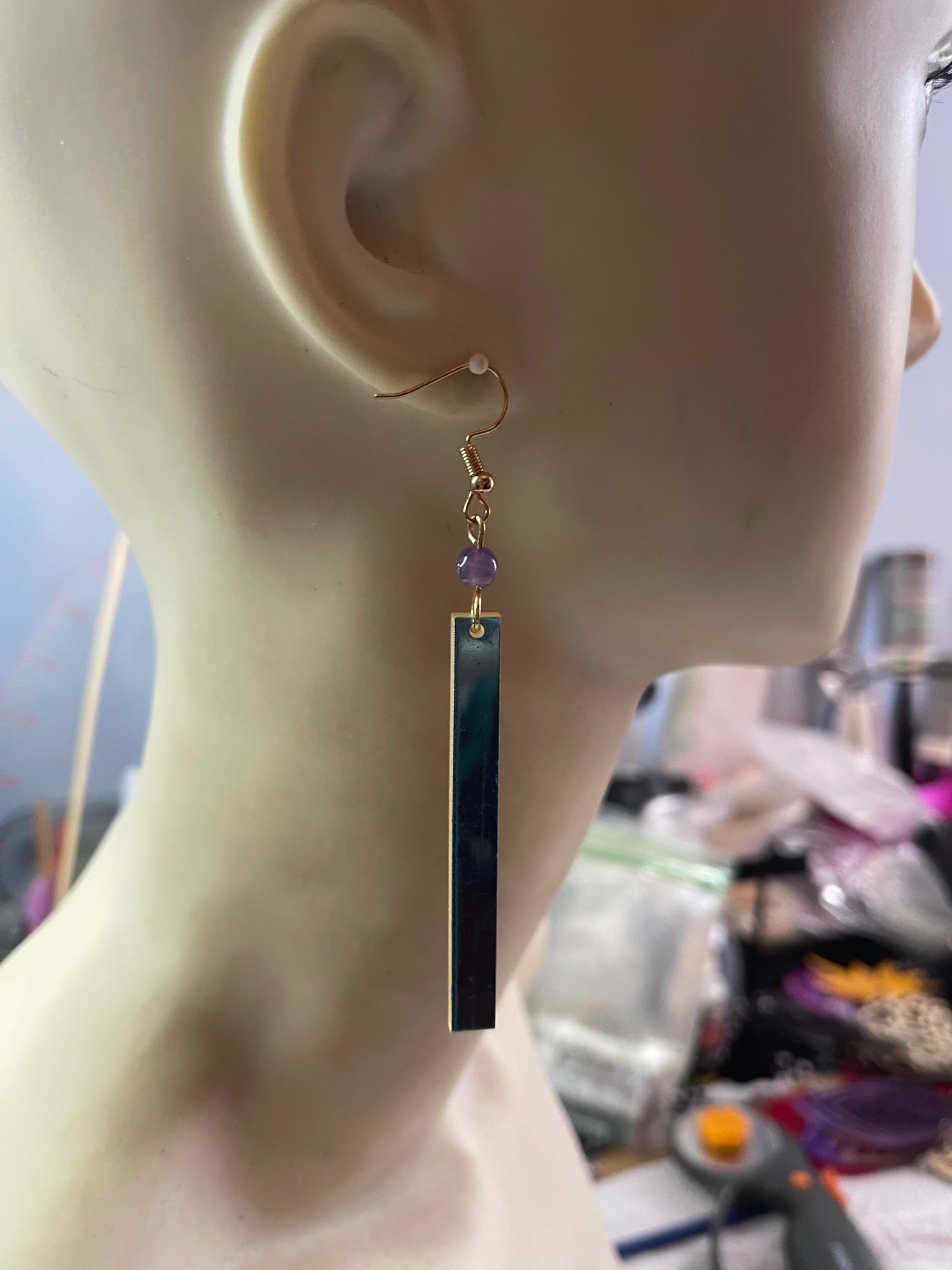 #208 Mirrored earrings w/ Pink Jade gemstone