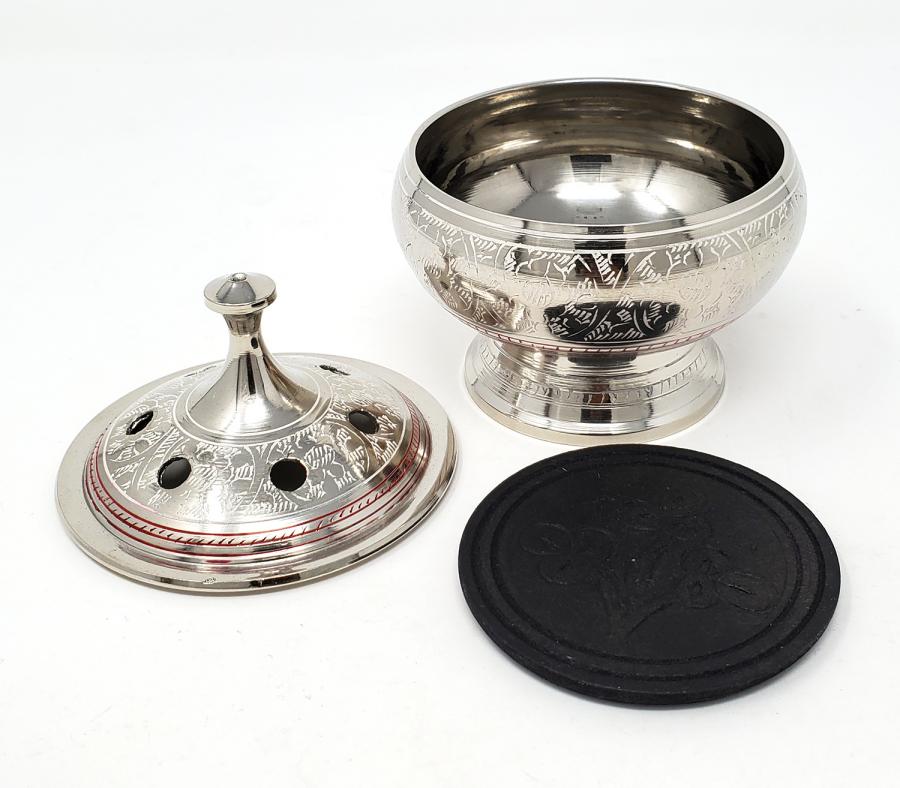 Brass Screen Charcoal Burner 3"D 3.5"H w/Wooden Coaster & Lid