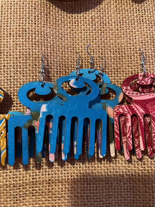 Afro pic fabric earrings - blue(Wood)