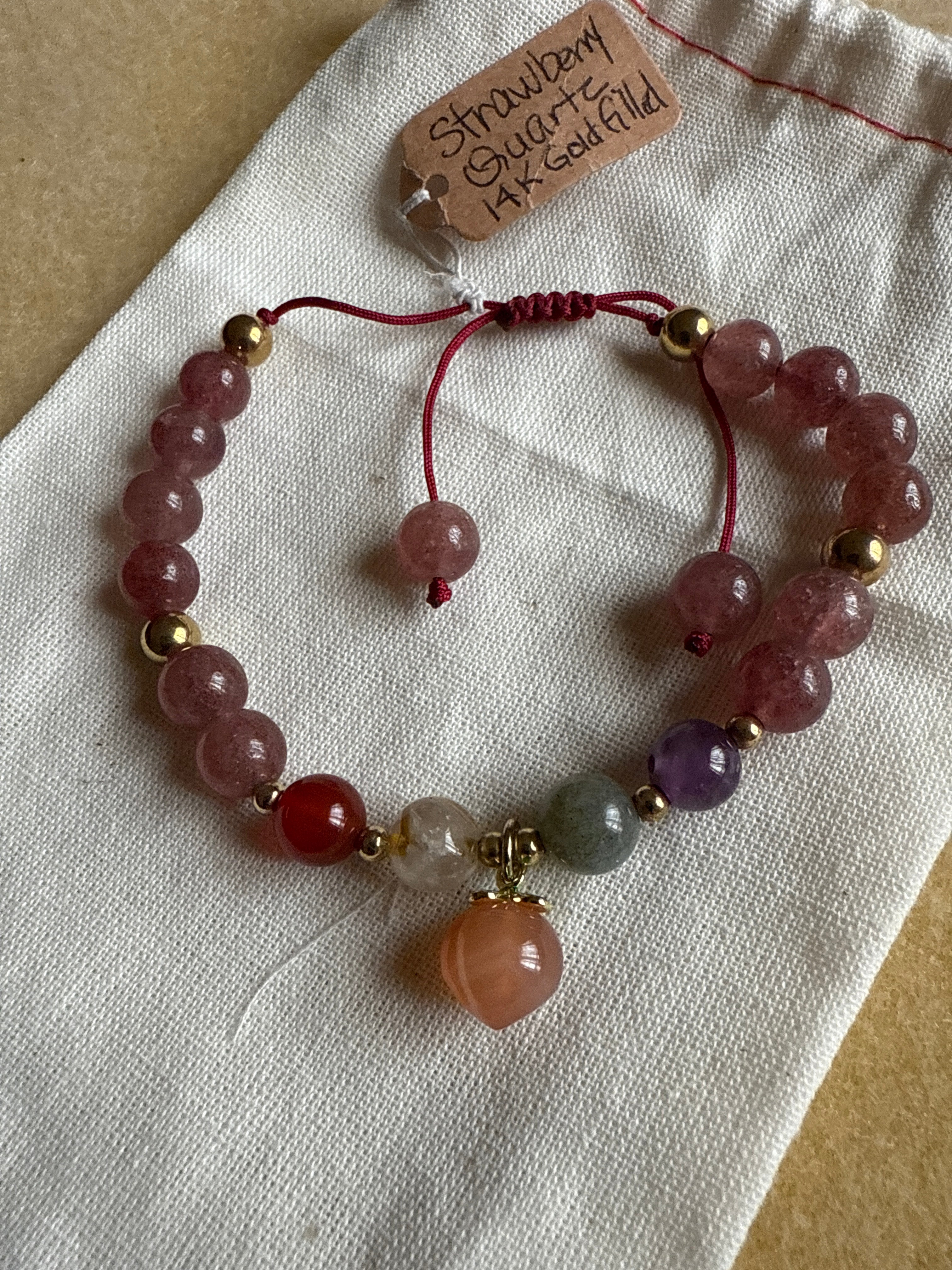 Strawberry Quartz w/peach charm bracelet