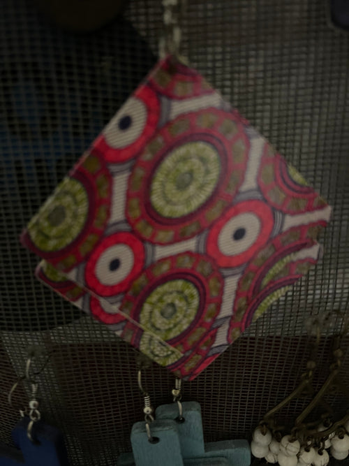 Square fabric print earrings (Wood)