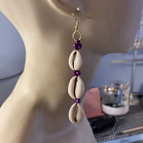 Cowrie 3 Shell earrings w/beads